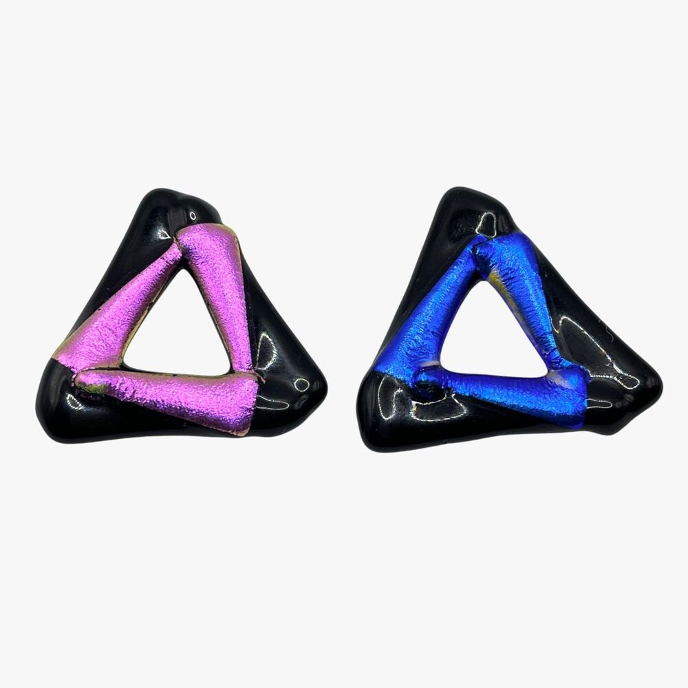 Dichroic Fused Glass Pendants Blue Iridescent Foil Metallic Black Triangle DIY